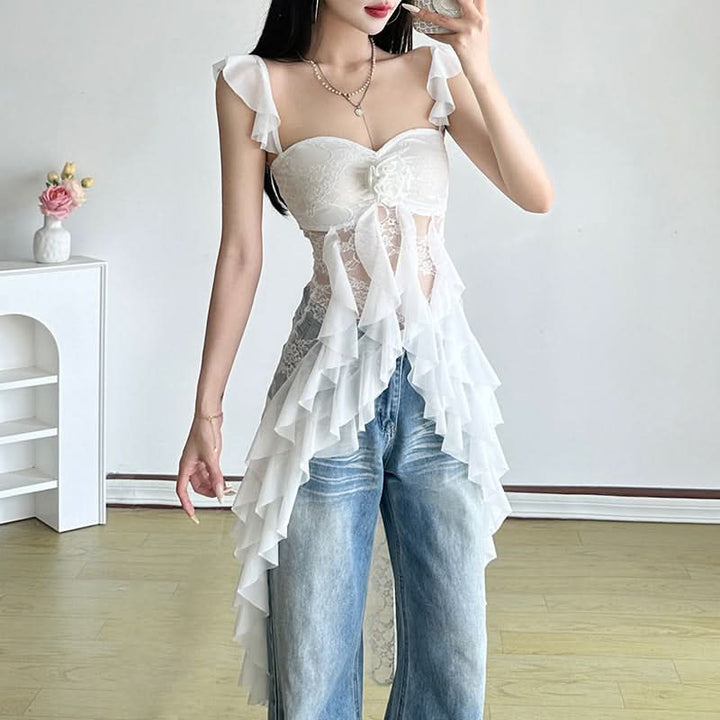 Ruffle flower applique lace v neck top  | Festival Outfits Women-final-sale