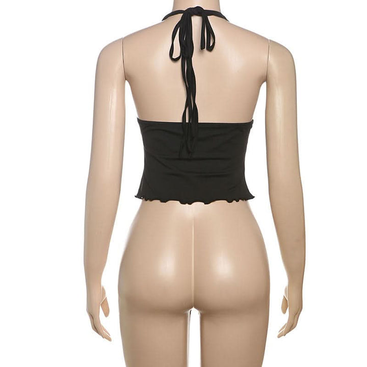 Hollow out ruffle halter self tie crop cut out top  | Festival Outfits Women-final-sale