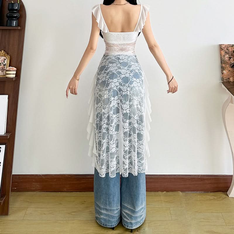 Ruffle flower applique lace v neck top  | Festival Outfits Women-final-sale