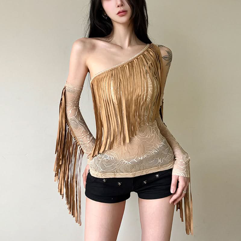 Irregular mesh gloves one shoulder print top  | Festival Outfits Women-final-sale