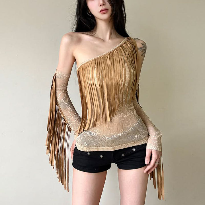 Irregular mesh gloves one shoulder print top  | Festival Outfits Women-final-sale