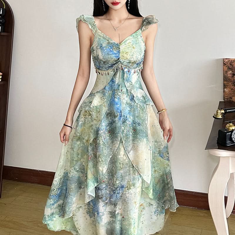 Ruched v neck ruffle print zip-up midi dress  | Festival Outfits Women-final-sale