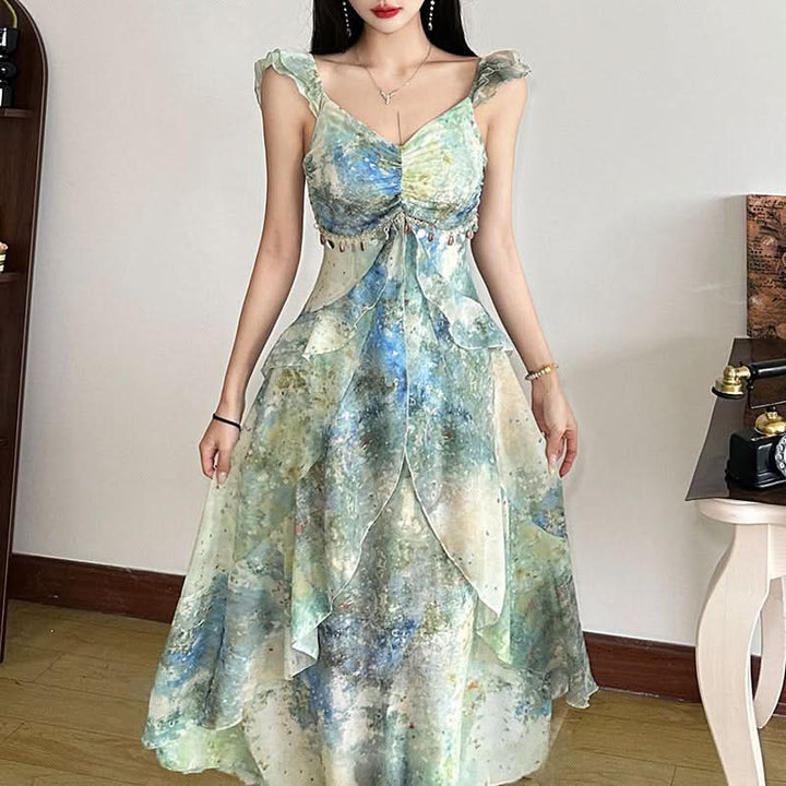 Ruched v neck ruffle print zip-up midi dress  | Festival Outfits Women-final-sale