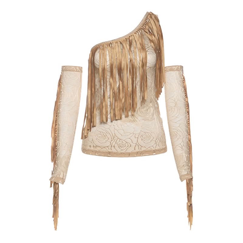 Irregular mesh gloves one shoulder print top  | Festival Outfits Women-final-sale