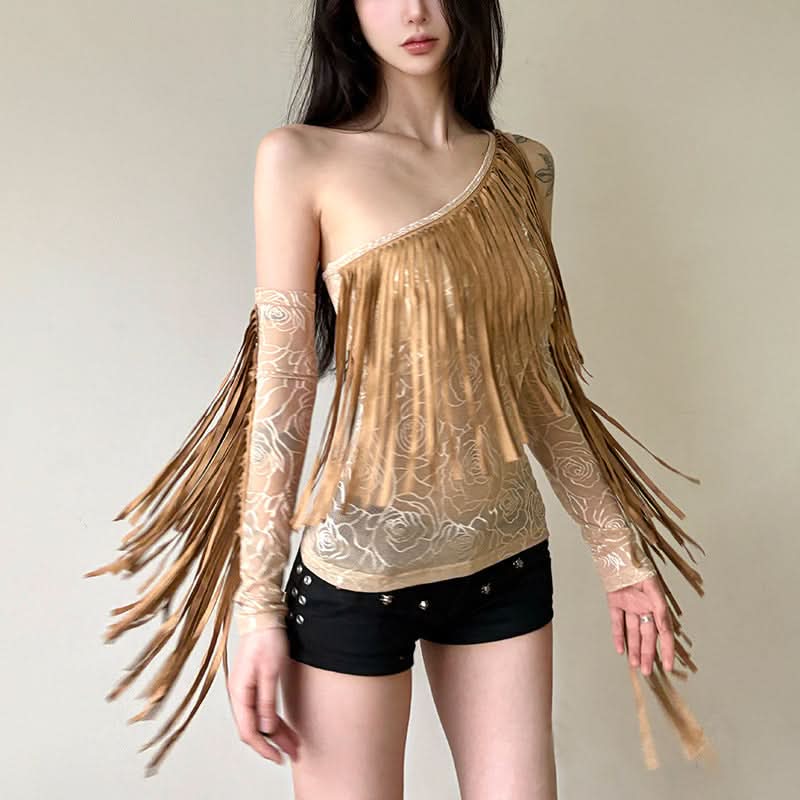 Irregular mesh gloves one shoulder print top  | Festival Outfits Women-final-sale