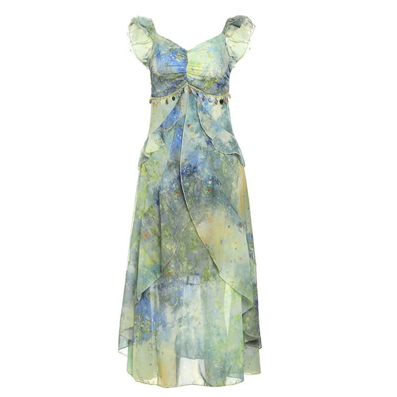 Ruched v neck ruffle print zip-up midi dress  | Festival Outfits Women-final-sale