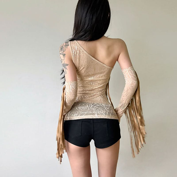 Irregular mesh gloves one shoulder print top  | Festival Outfits Women-final-sale