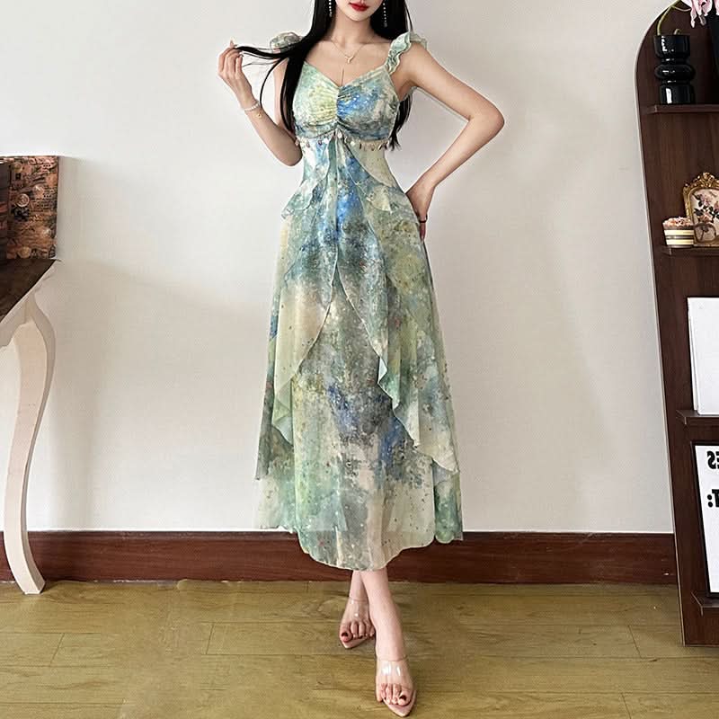 Ruched v neck ruffle print zip-up midi dress  | Festival Outfits Women-final-sale