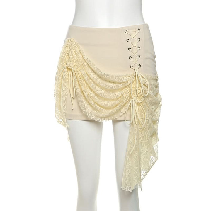 Lace up ruched lace irregular A line mini skirt  | Festival Outfits Women