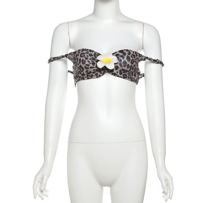 Leopard print flower applique off shoulder tube top  | Festival Outfits Women  | Cheetah Print Top