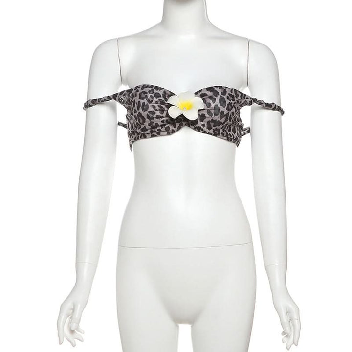 Leopard print flower applique off shoulder tube top  | Festival Outfits Women  | Cheetah Print Top