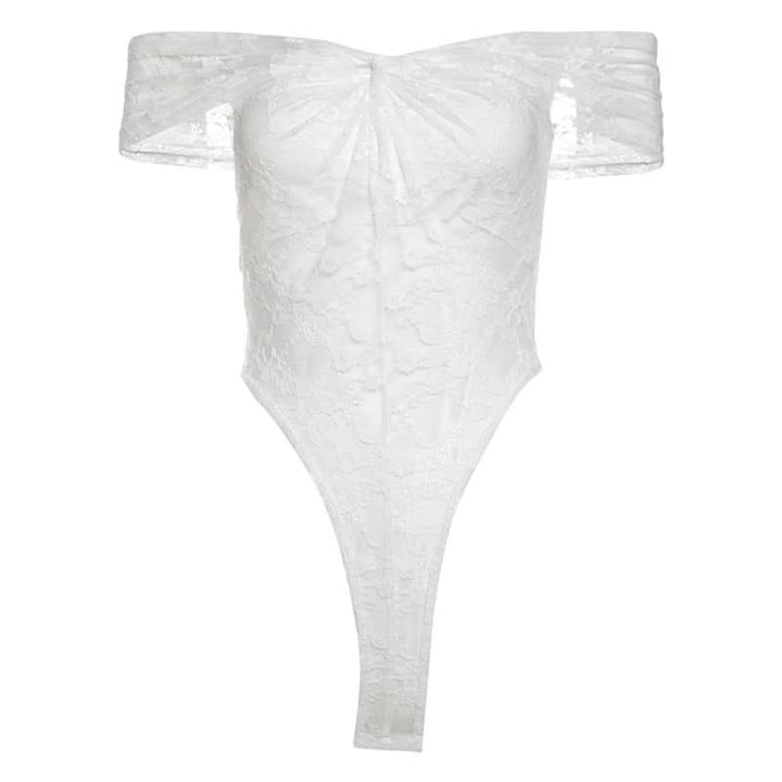 Off shoulder ruched lace button solid bodysuit  | Festival Outfits Women