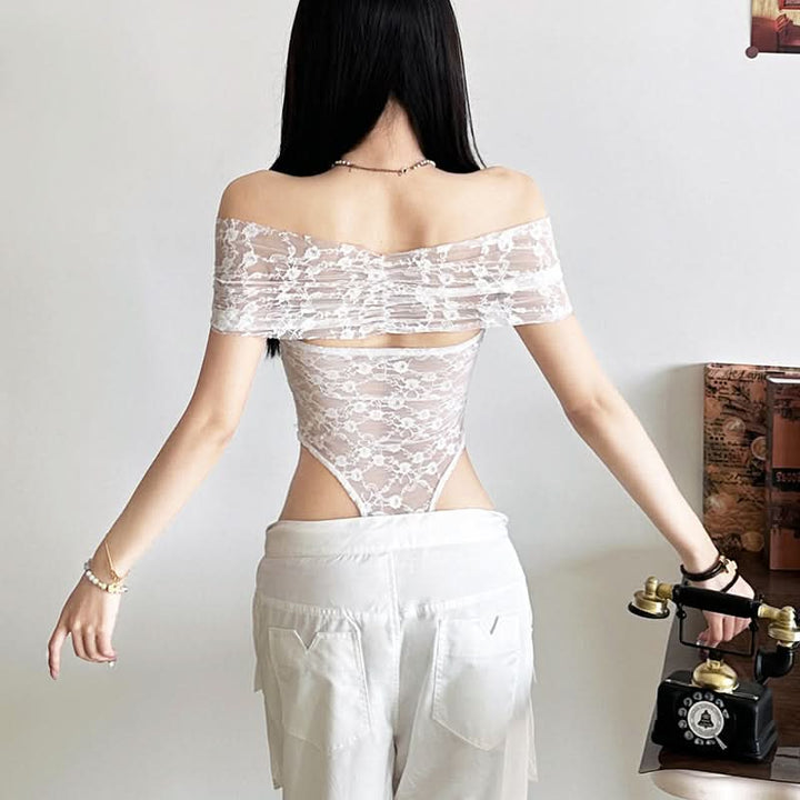 Off shoulder ruched lace button solid bodysuit  | Festival Outfits Women