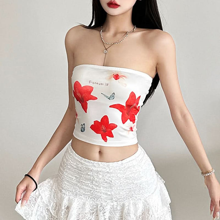 Flower print backless contrast tube top  | Festival Outfits Women