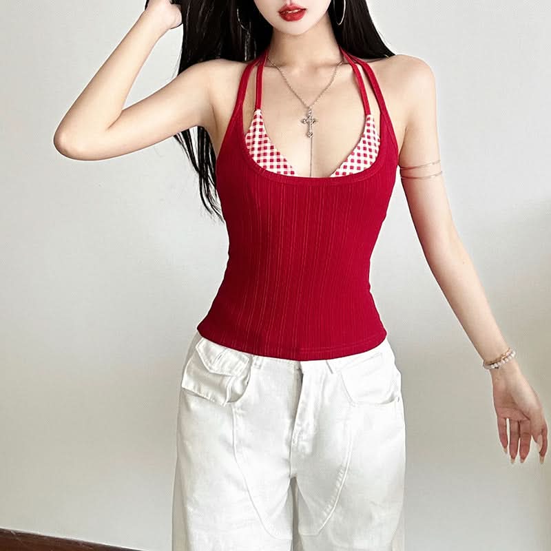 Halter self tie plaid 2 piece textured top  | Festival Outfits Women