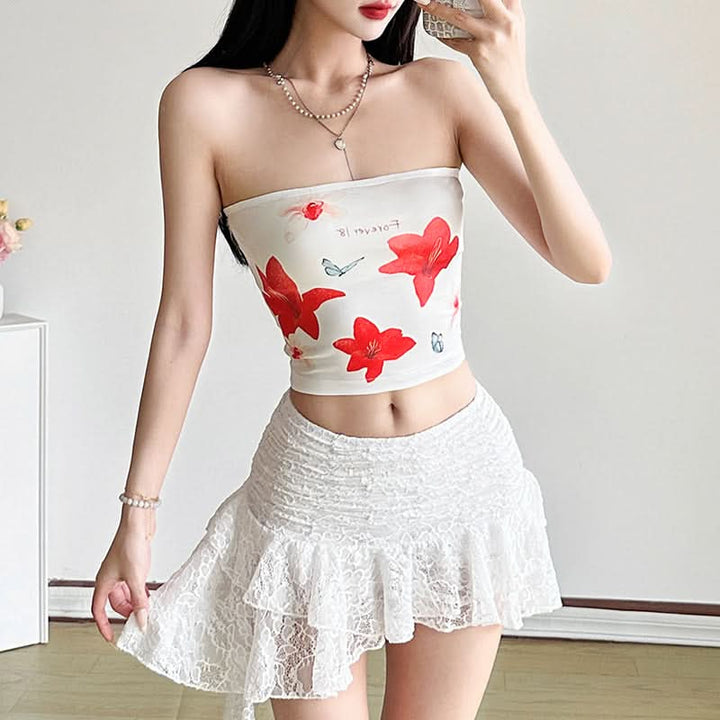 Flower print backless contrast tube top  | Festival Outfits Women