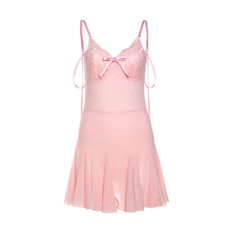 Bowknot v neck lace hem self tie cami mini dress  | Festival Outfits Women
