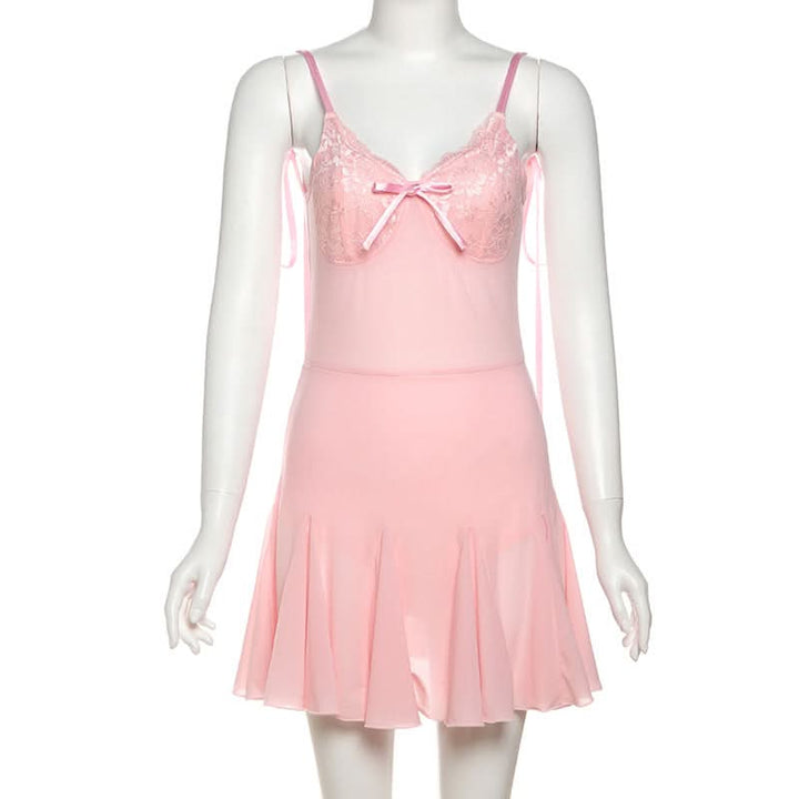 Bowknot v neck lace hem self tie cami mini dress  | Festival Outfits Women