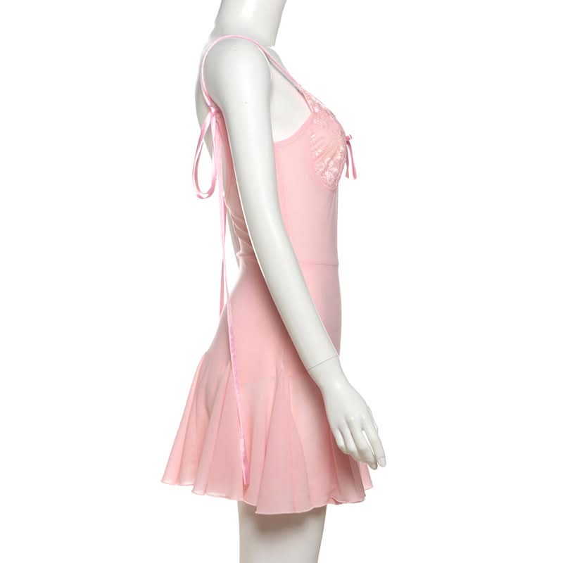 Bowknot v neck lace hem self tie cami mini dress  | Festival Outfits Women
