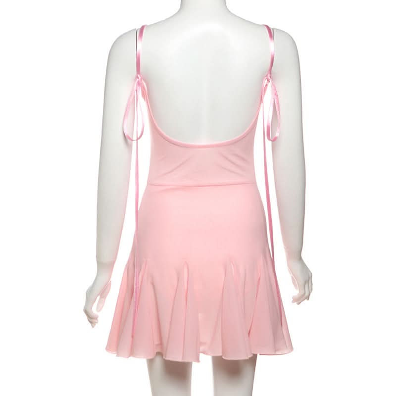 Bowknot v neck lace hem self tie cami mini dress  | Festival Outfits Women