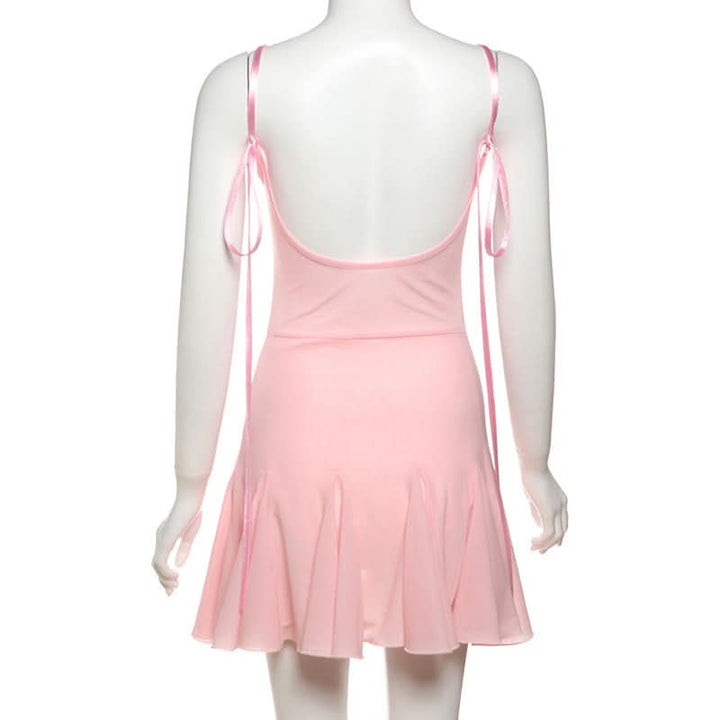 Bowknot v neck lace hem self tie cami mini dress  | Festival Outfits Women