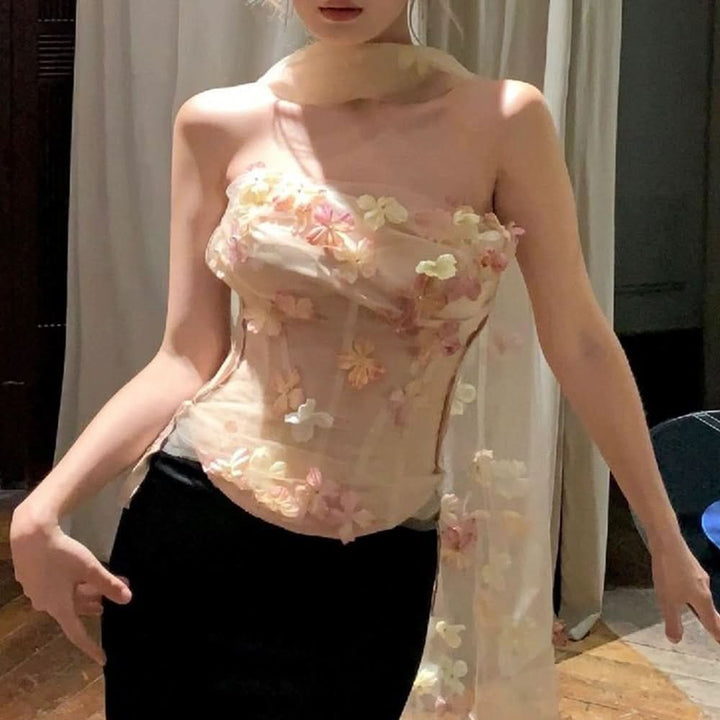 Flower applique backless corset tube top  | Festival Outfits Women