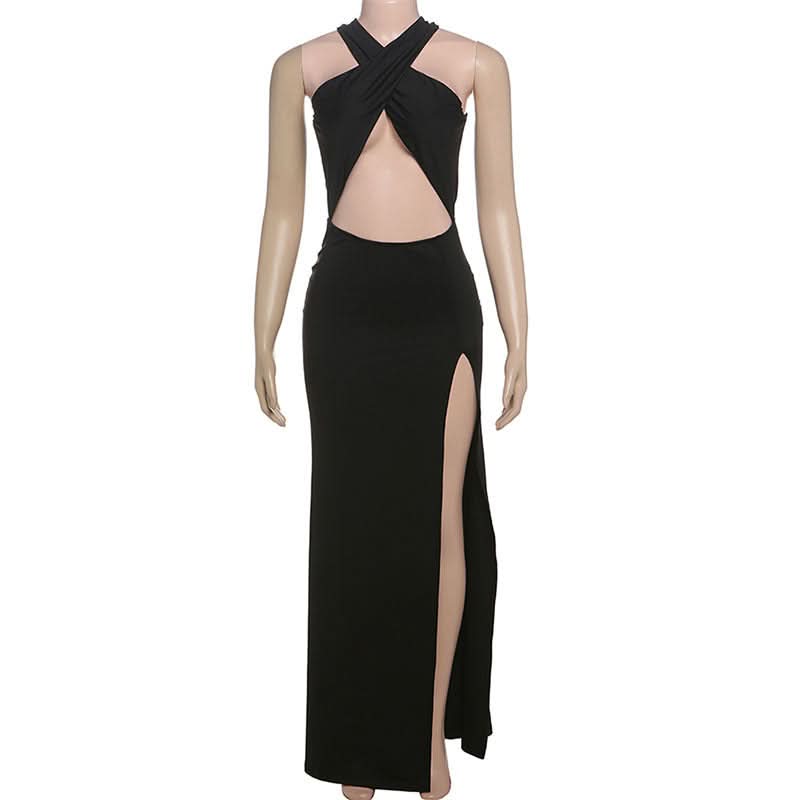 Hollow out cross front slit solid cut out maxi dress  | Festival Outfits Women