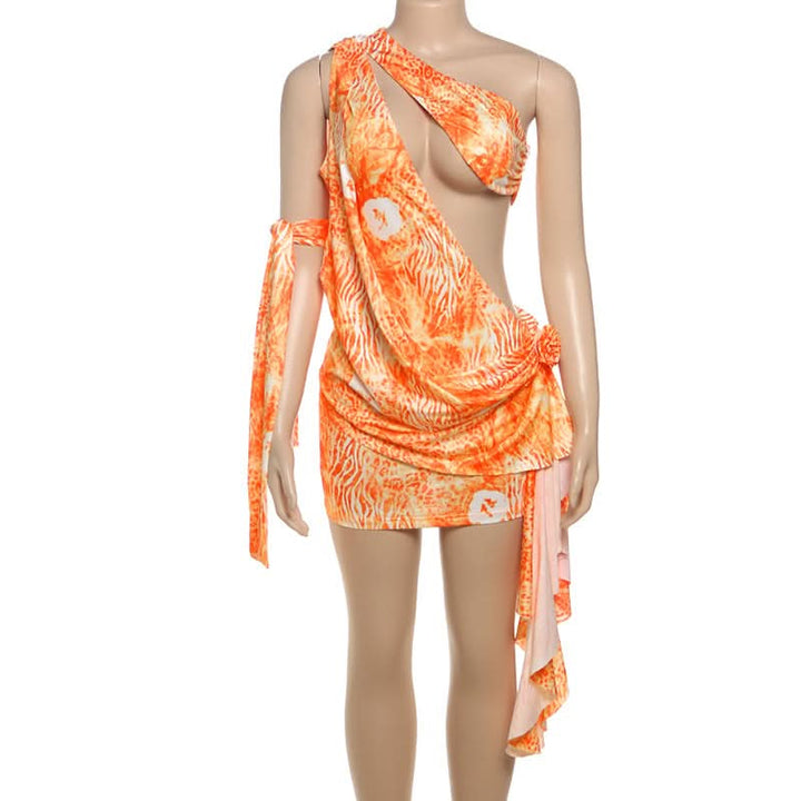Irregular hollow out print one shoulder cut out mini dress  | Festival Outfits Women