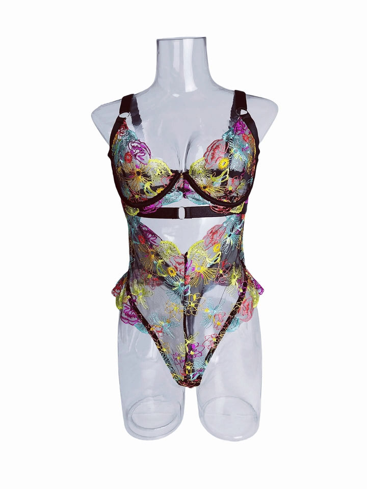 V neck hollow out embroidery cami bodysuit  | Festival Outfits Women