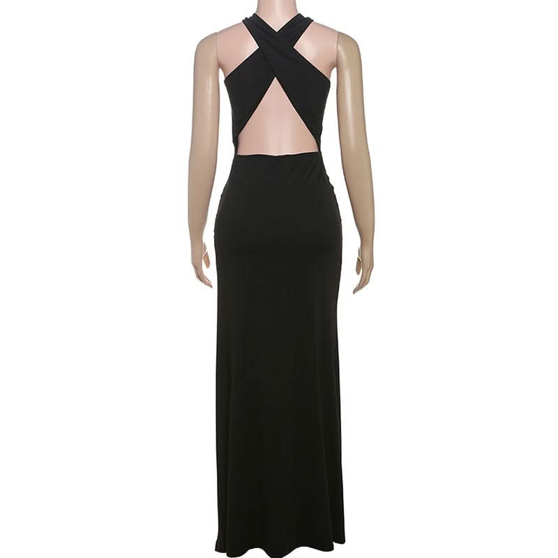Hollow out cross front slit solid cut out maxi dress  | Festival Outfits Women