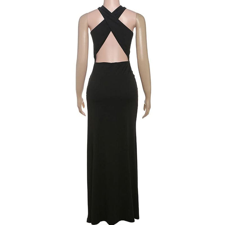 Hollow out cross front slit solid cut out maxi dress  | Festival Outfits Women