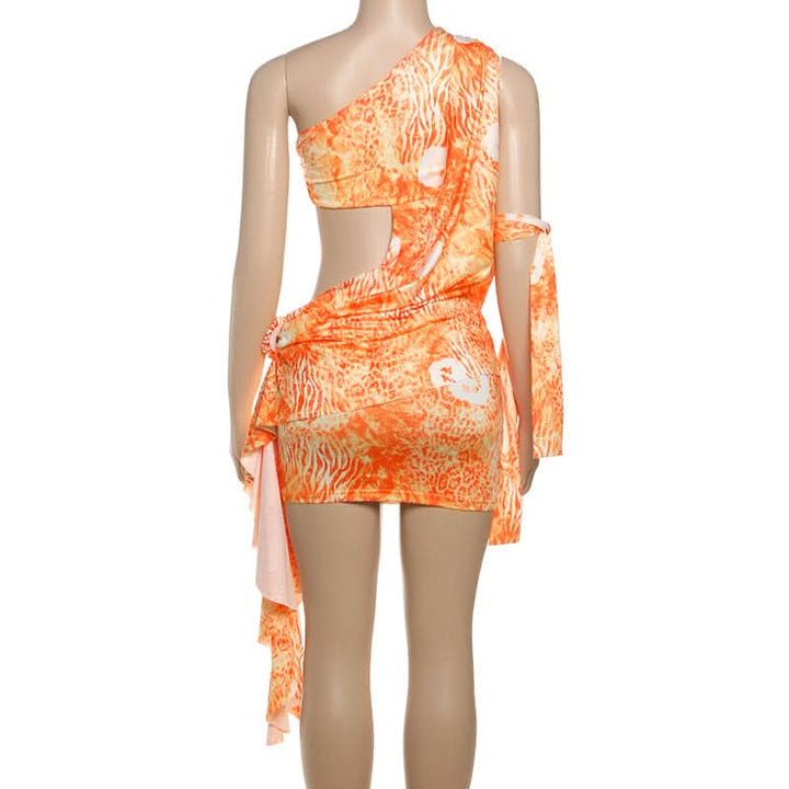Irregular hollow out print one shoulder cut out mini dress  | Festival Outfits Women