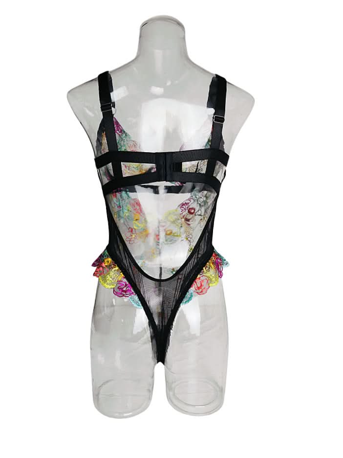V neck hollow out embroidery cami bodysuit  | Festival Outfits Women