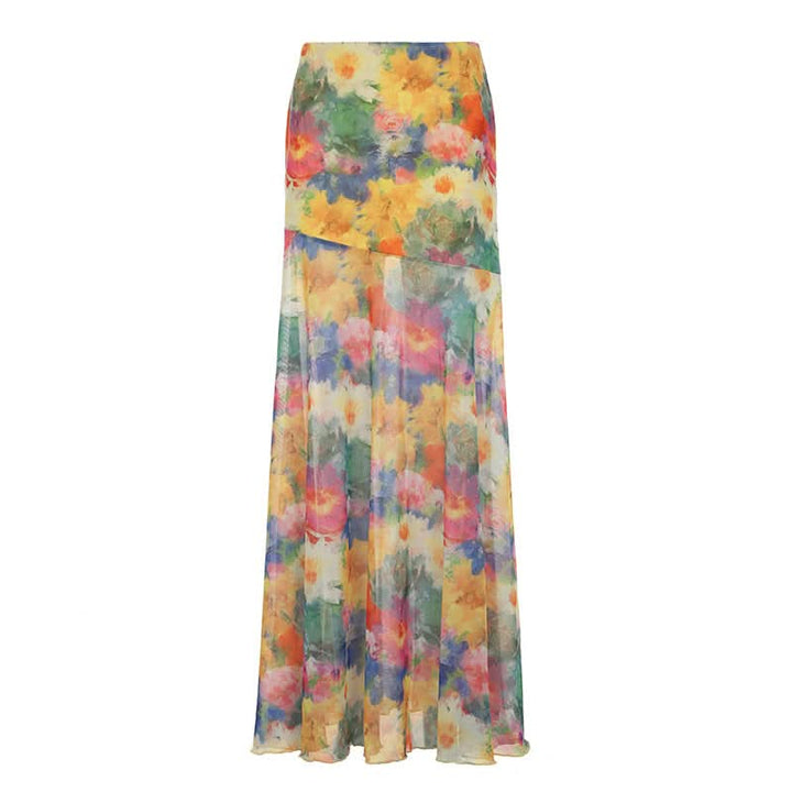 Flower print contrast mesh maxi skirt  | Festival Outfits Women