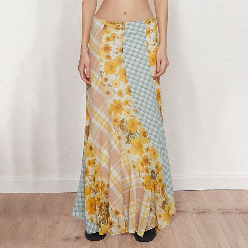 Flower print contrast plaid maxi skirt  | Festival Outfits Women