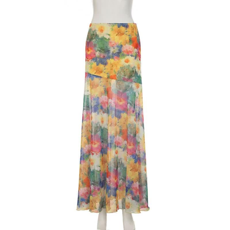 Flower print contrast mesh maxi skirt  | Festival Outfits Women