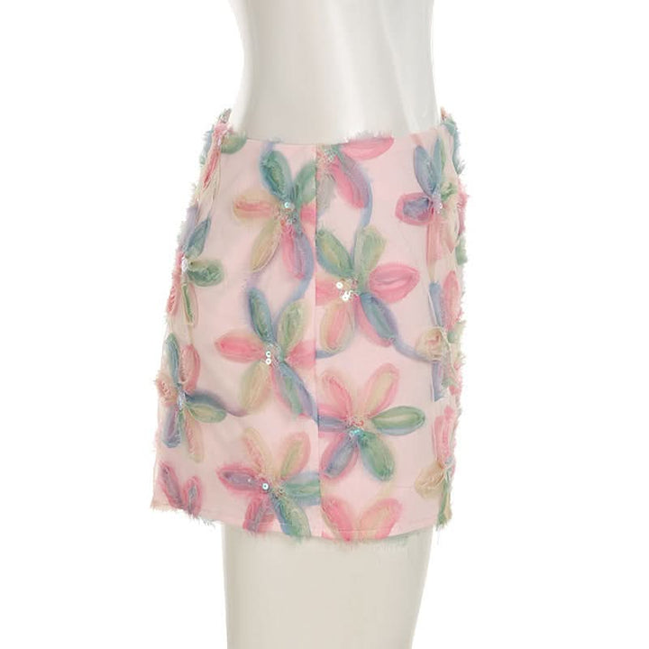Flower applique glitter zip-up mini skirt  | Festival Outfits Women