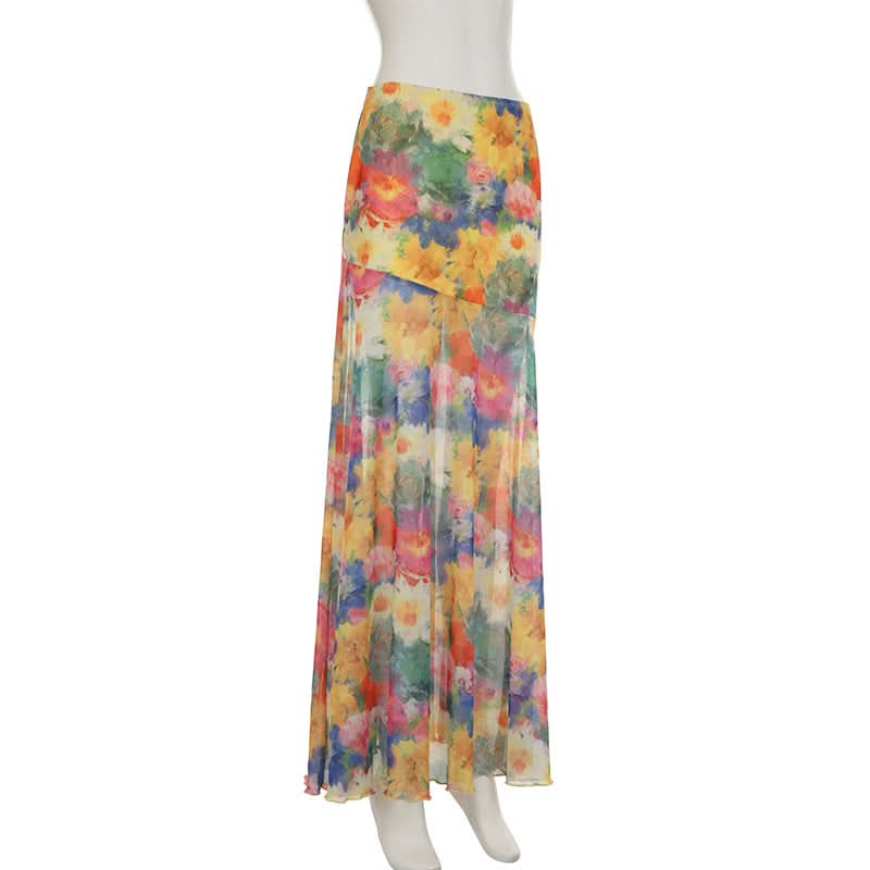 Flower print contrast mesh maxi skirt  | Festival Outfits Women