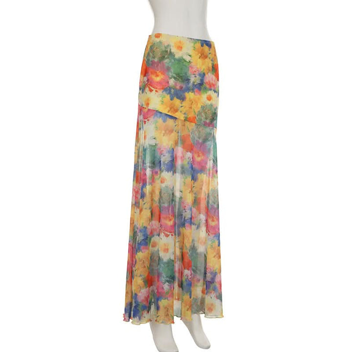 Flower print contrast mesh maxi skirt  | Festival Outfits Women