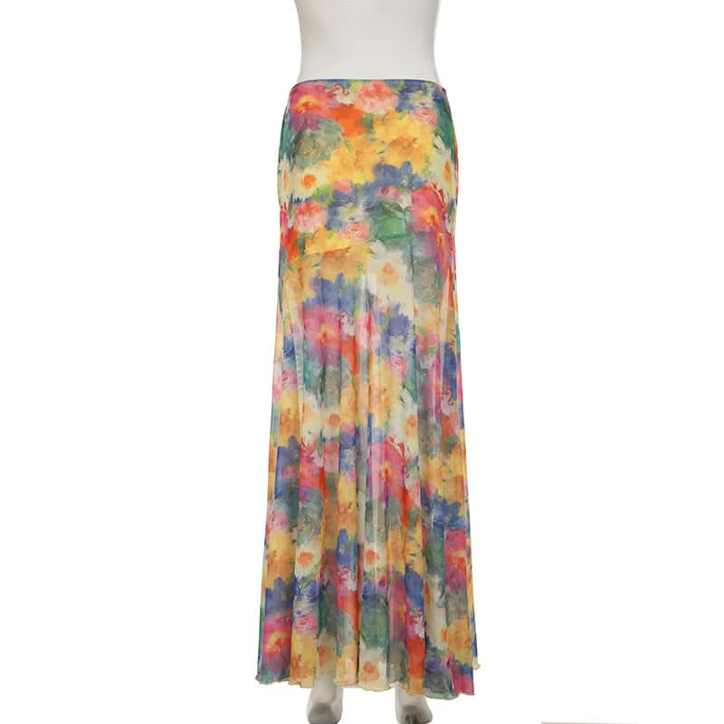 Flower print contrast mesh maxi skirt  | Festival Outfits Women