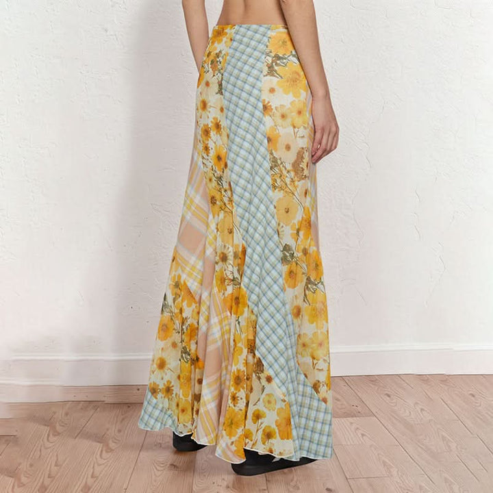 Flower print contrast plaid maxi skirt  | Festival Outfits Women