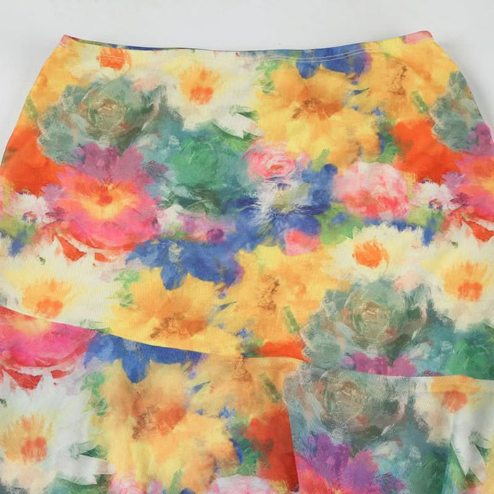 Flower print contrast mesh maxi skirt  | Festival Outfits Women