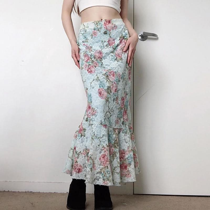 Flower print ruffle lace maxi skirt  | Festival Outfits Women