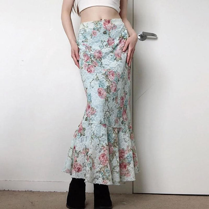 Flower print ruffle lace maxi skirt  | Festival Outfits Women