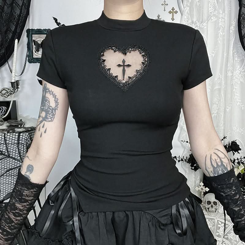 Short sleeve crewneck sweetheart pattern top  | Festival Outfits Women-final-sale
