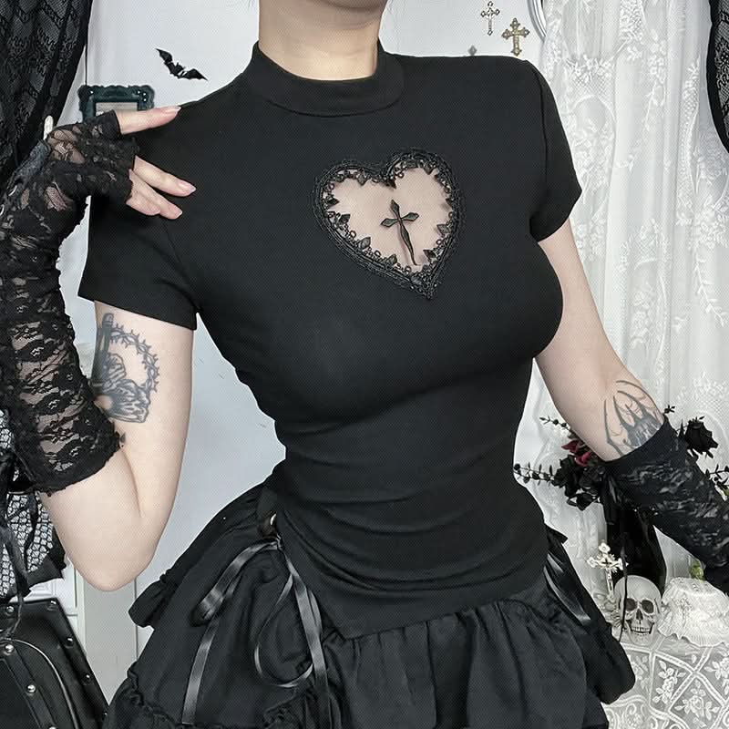Short sleeve crewneck sweetheart pattern top  | Festival Outfits Women-final-sale