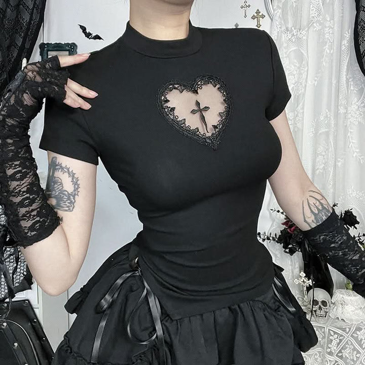 Short sleeve crewneck sweetheart pattern top  | Festival Outfits Women-final-sale