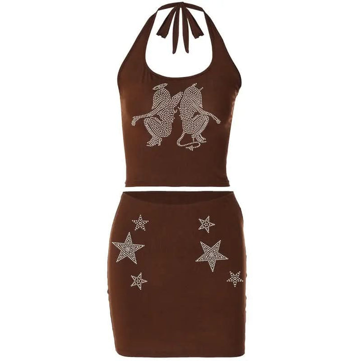 Halter print u neck backless tube mini skirt set  | Festival Outfits Women