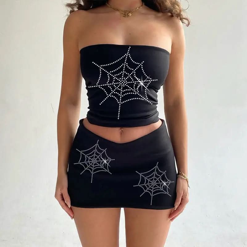 Halter print u neck backless tube mini skirt set  | Festival Outfits Women