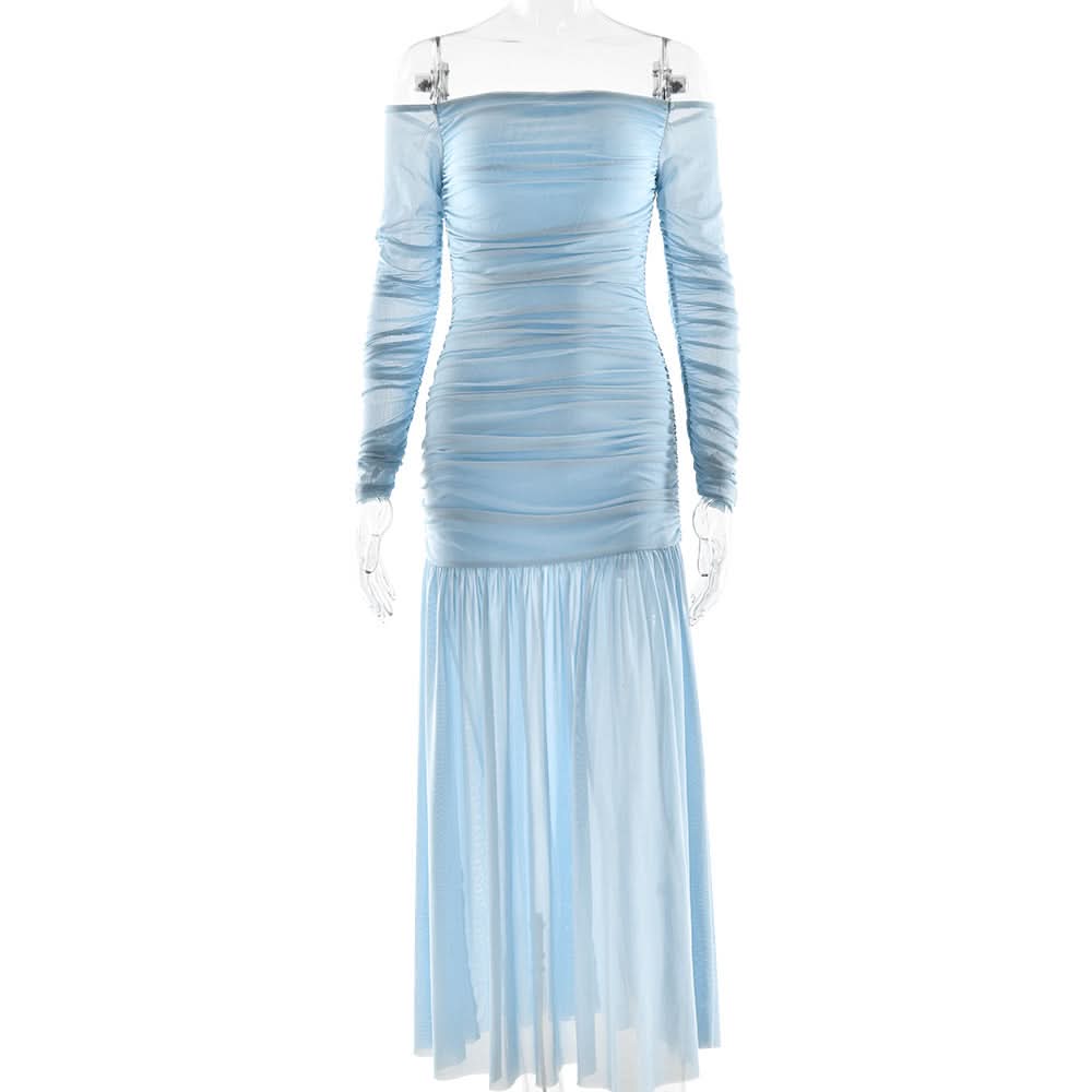 Off shoulder ruched long sleeve mesh zip-up maxi dress  | Festival Outfits Women